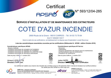Certification APSAD R4 Nouveau site Internet Côte d'Azur Incendie