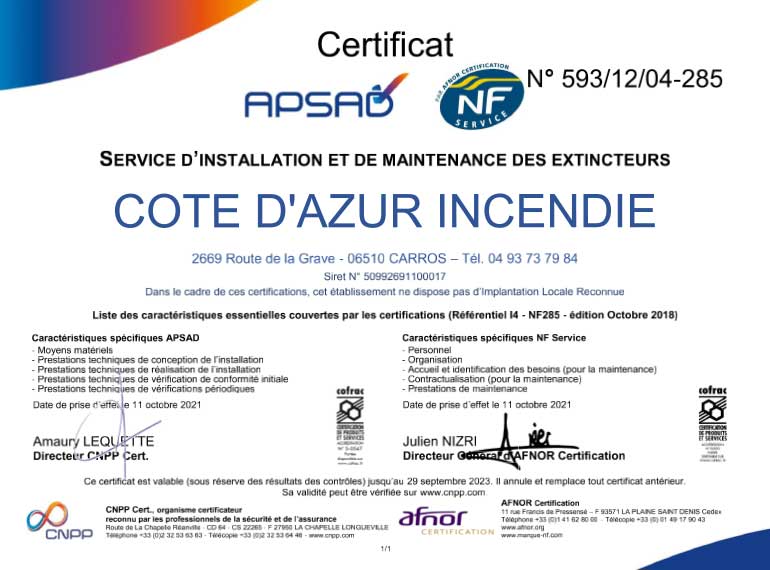 Certification APSAD R4 à Nice Carros (06, 83, 04, Monaco)